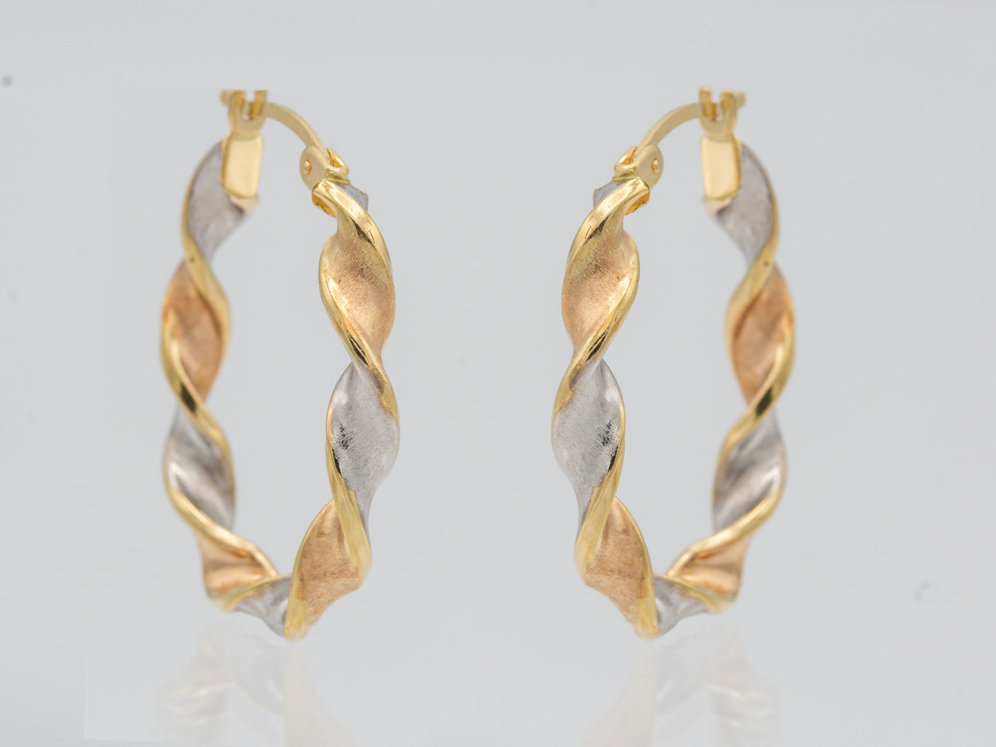 14K Solid Gold Tri color Twisted Ribbon Hoop Earrings