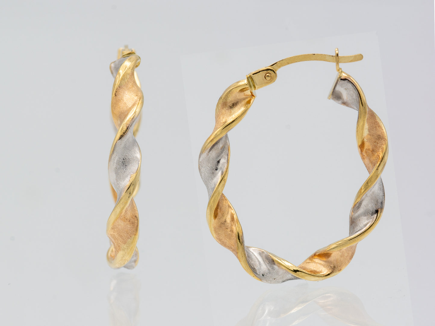 14K Solid Gold Tri color Twisted Ribbon Hoop Earrings