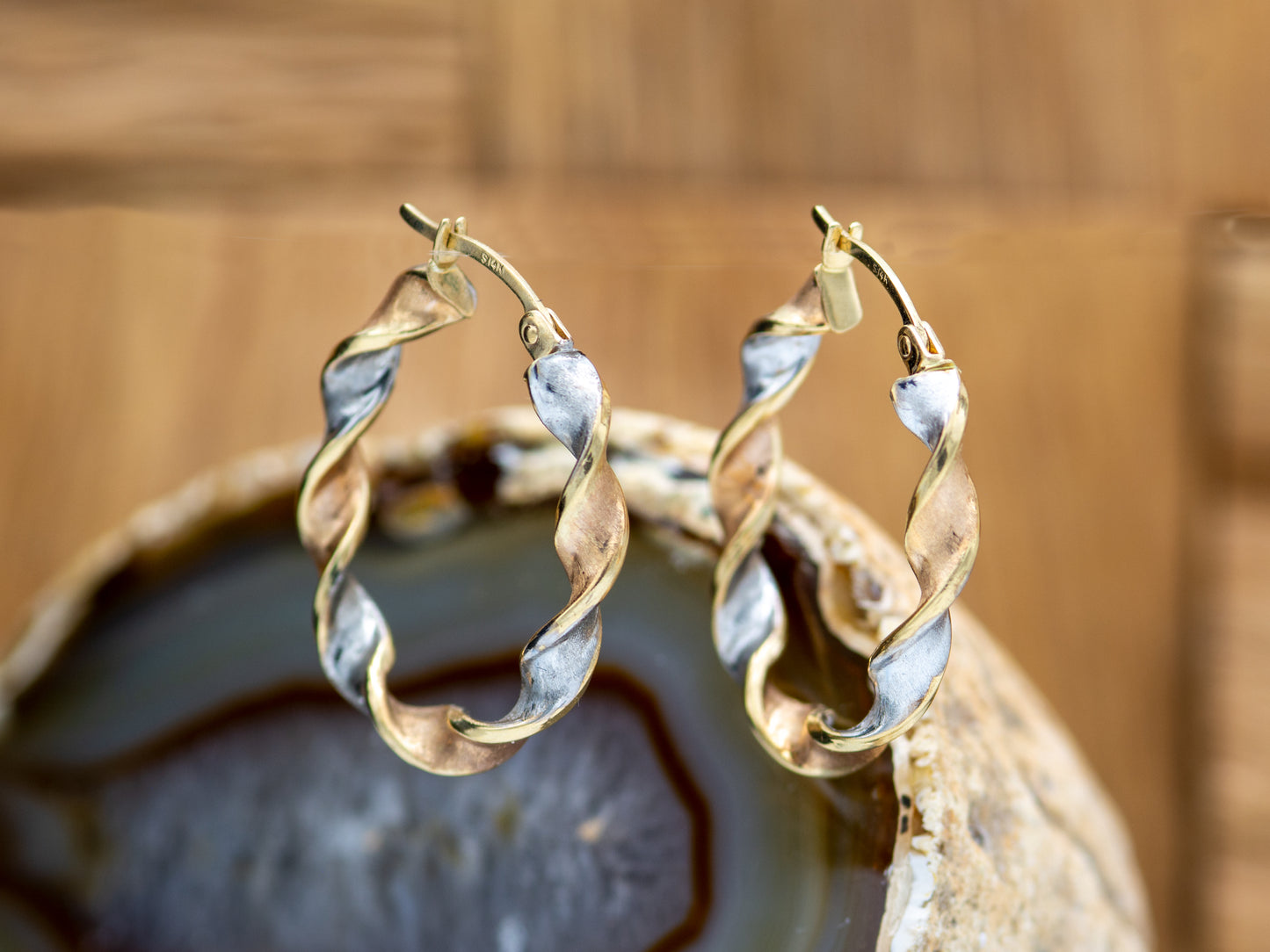 14K Solid Gold Tri color Twisted Ribbon Hoop Earrings