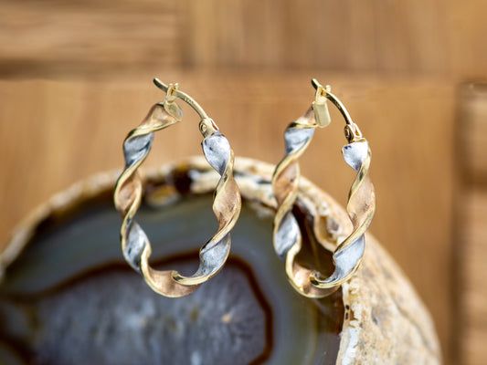 14K Solid Gold Tri color Twisted Ribbon Hoop Earrings