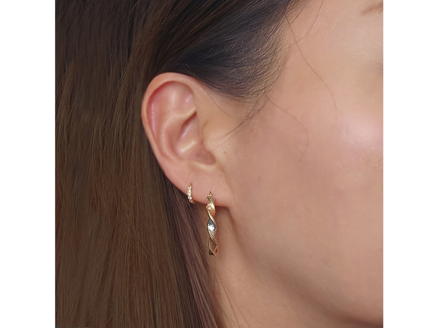 14K Solid Gold Tri color Twisted Ribbon Hoop Earrings