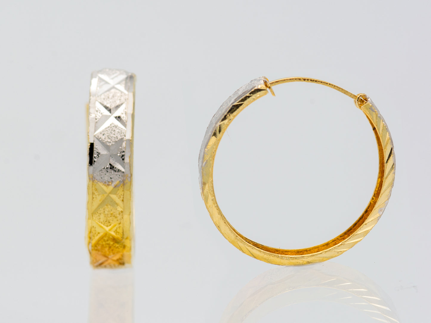 14K Solid Gold Tri color Diamond Cut Textured Hoop Earrings