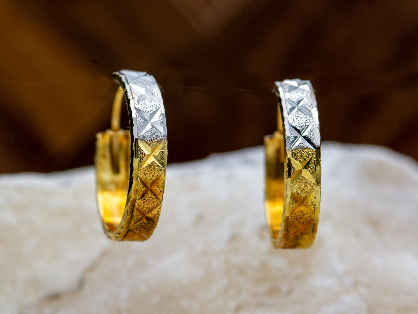 14K Solid Gold Tri color Diamond Cut Textured Hoop Earrings