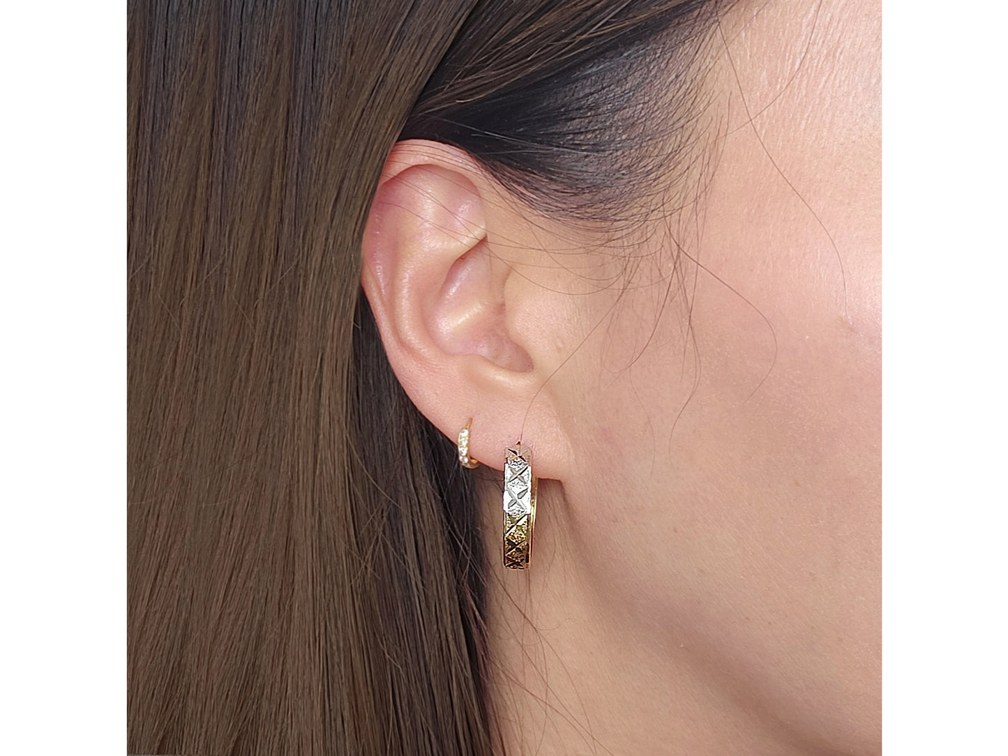 14K Solid Gold Tri color Diamond Cut Textured Hoop Earrings