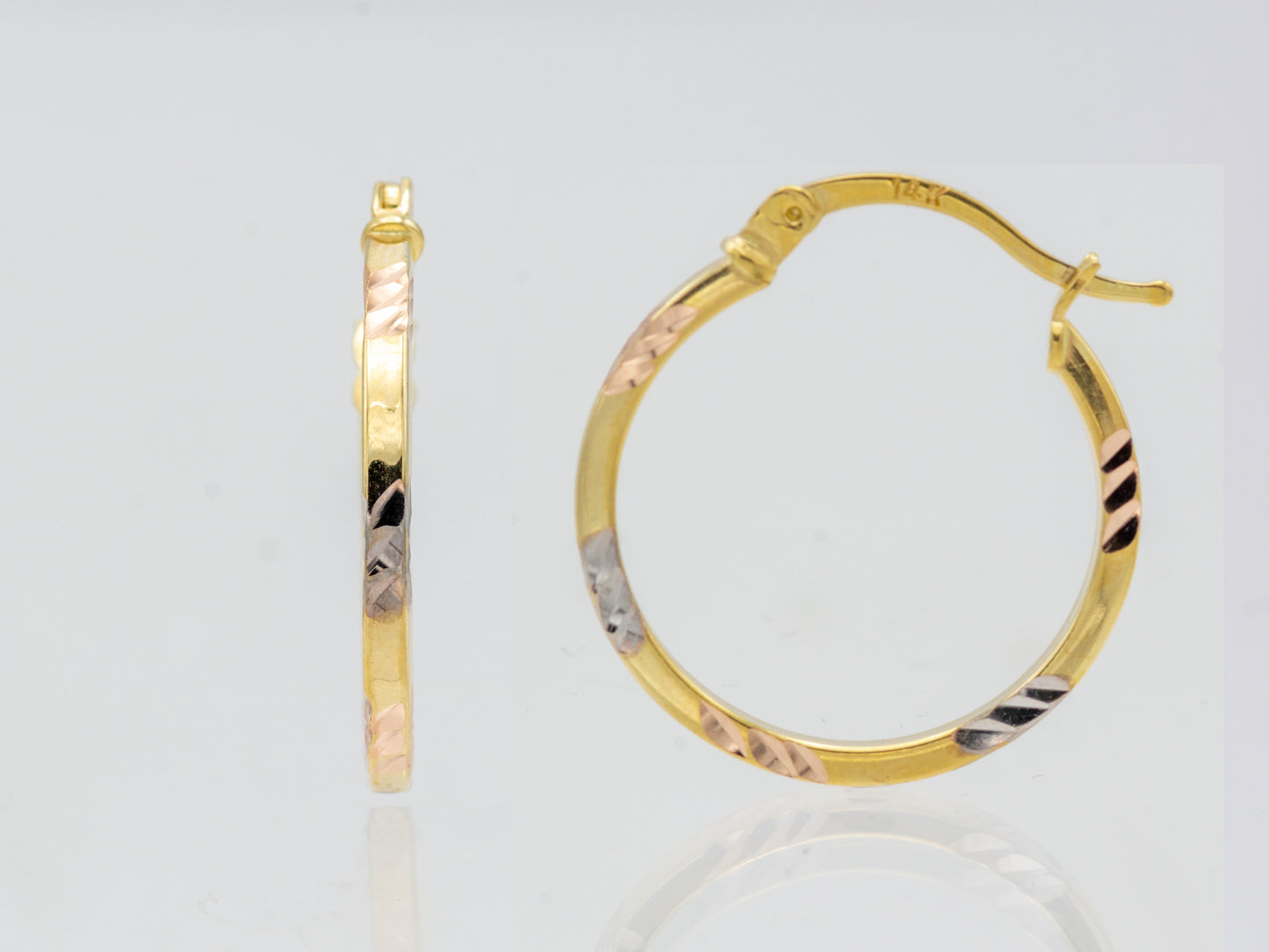 14K Solid Gold Hollow Diamond-Cut Tri-Color Hoops earrings