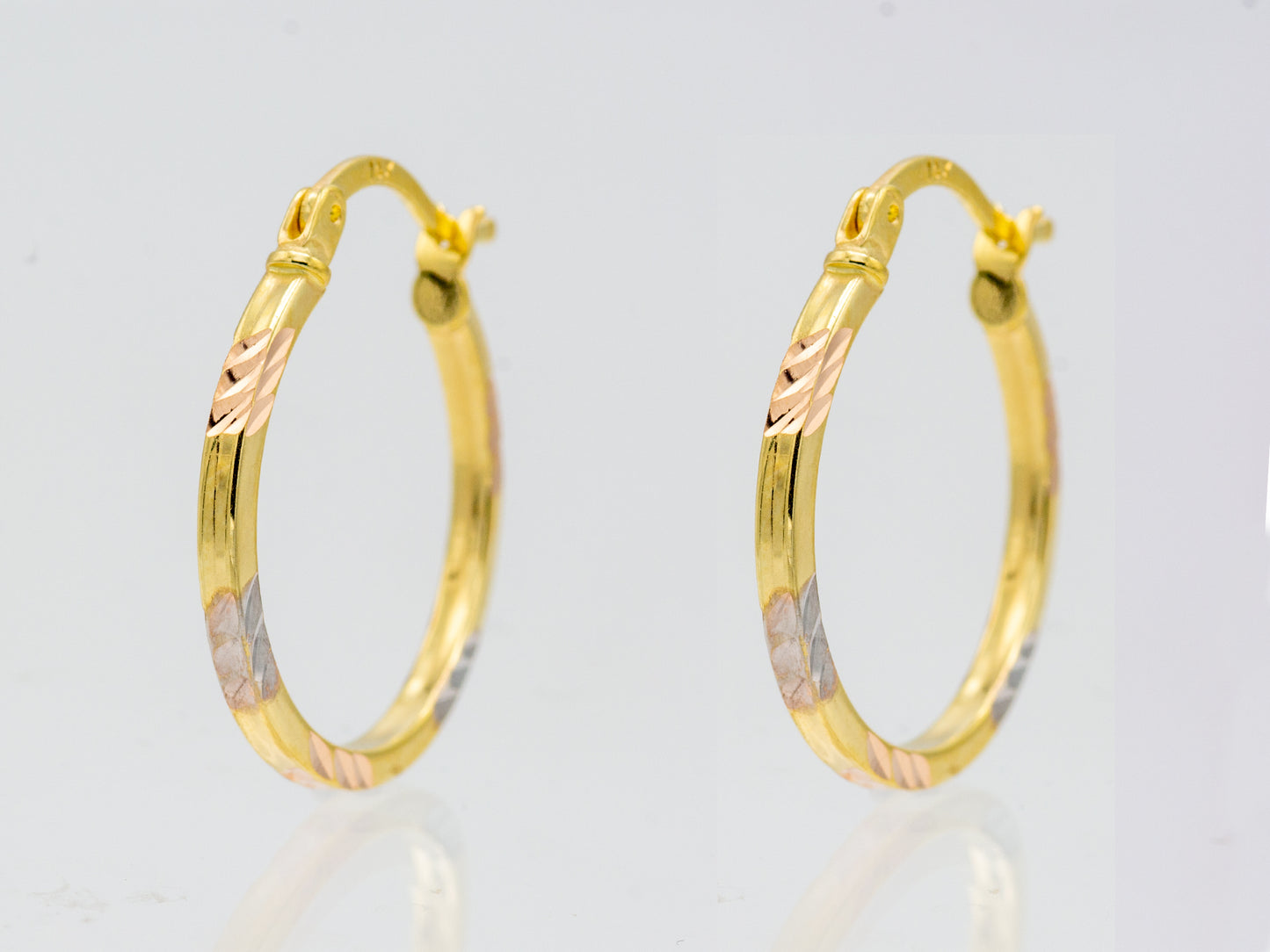 14K Solid Gold Hollow Diamond-Cut Tri-Color Hoops earrings