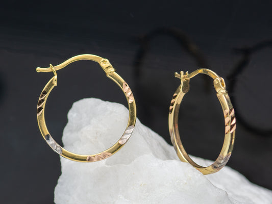 14K Solid Gold Hollow Diamond-Cut Tri-Color Hoops earrings