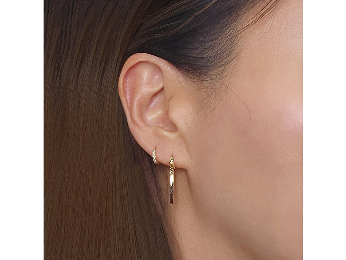 14K Solid Gold Hollow Diamond-Cut Tri-Color Hoops earrings