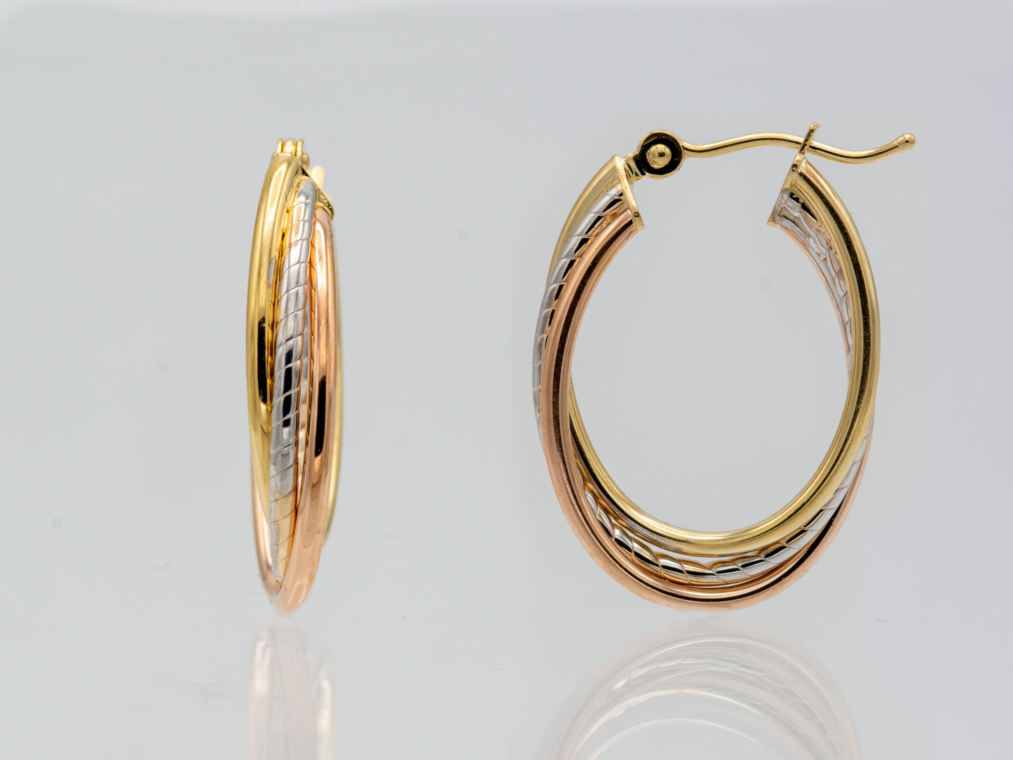 14K Solid Tri- Gold Tone Gold Triple Twist Oval Hoop Earrings in Hollow