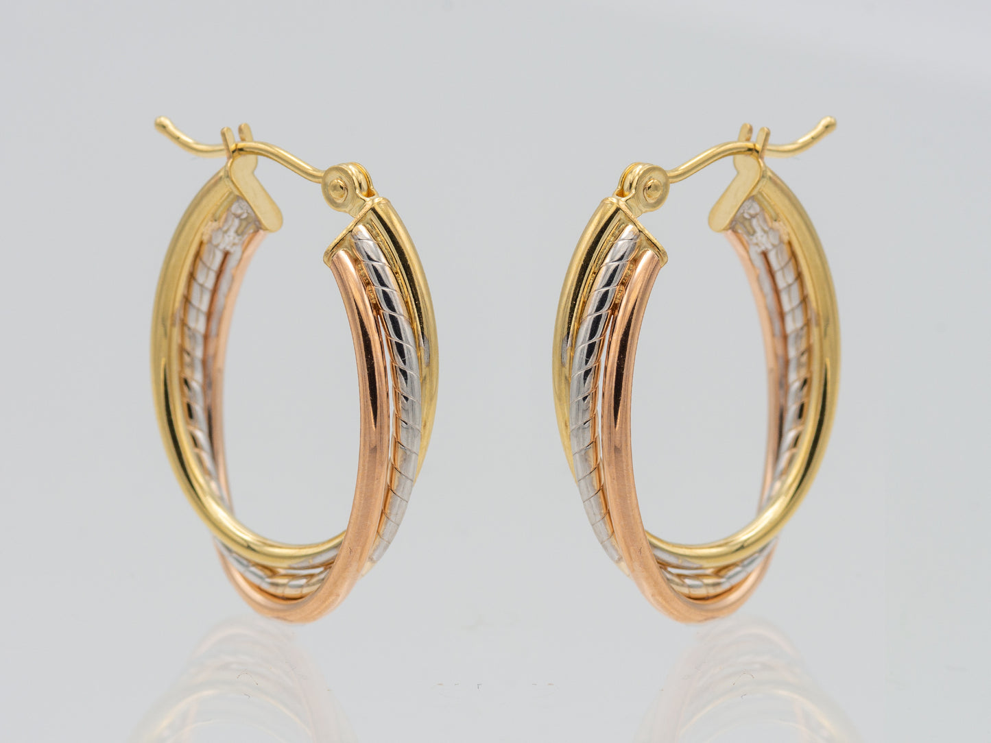 14K Solid Tri- Gold Tone Gold Triple Twist Oval Hoop Earrings in Hollow