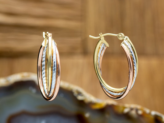 14K Solid Tri- Gold Tone Gold Triple Twist Oval Hoop Earrings in Hollow
