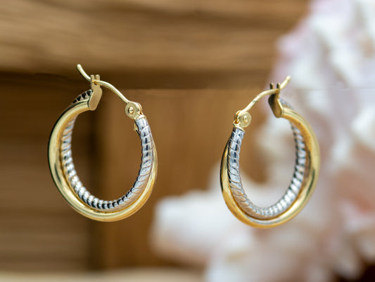 14K Solid Two-tone Gold Cross over Hoop Earrings