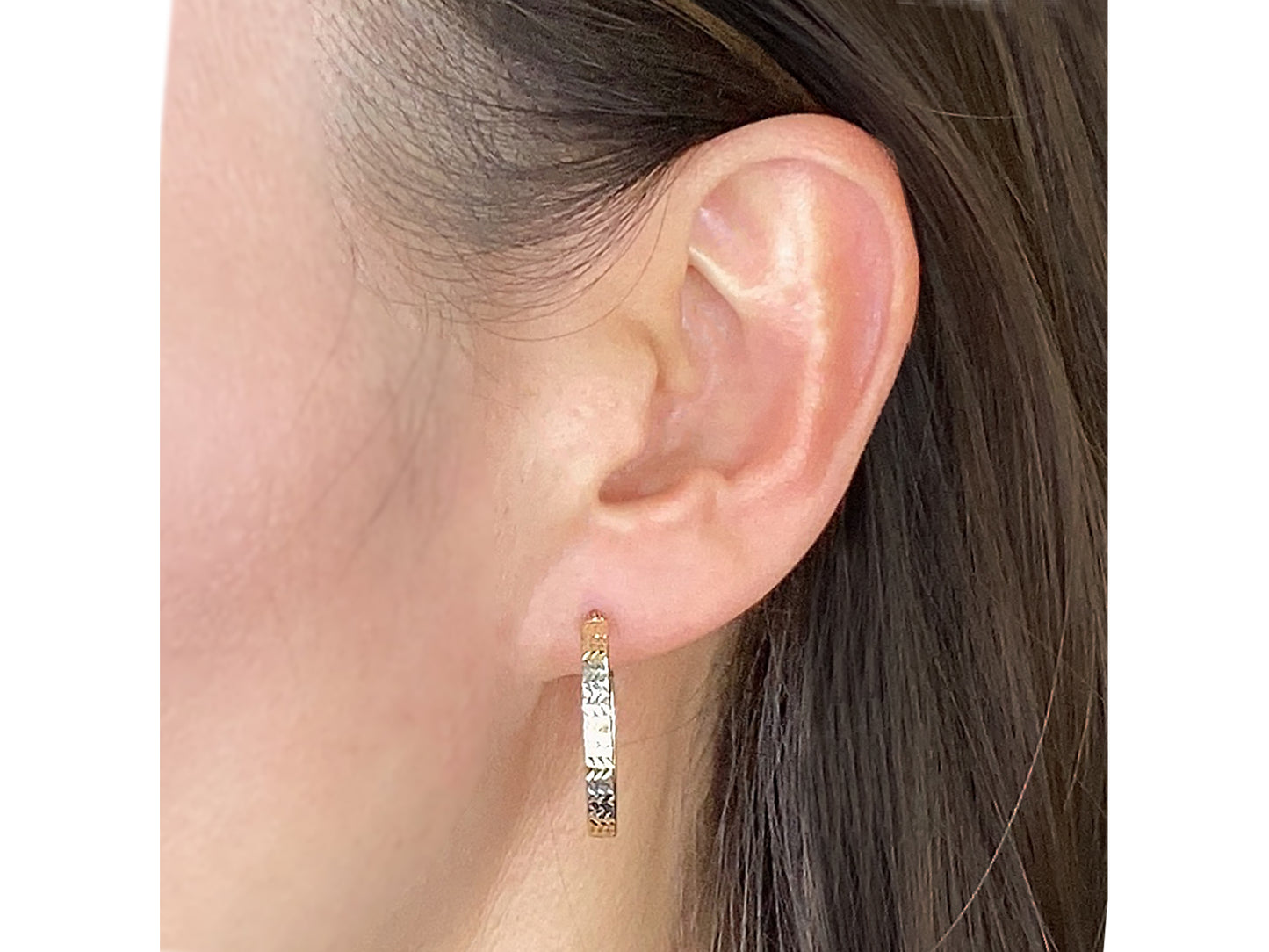 14K Solid Gold Two tone Color Diamond Cut Flat Hoop Earring