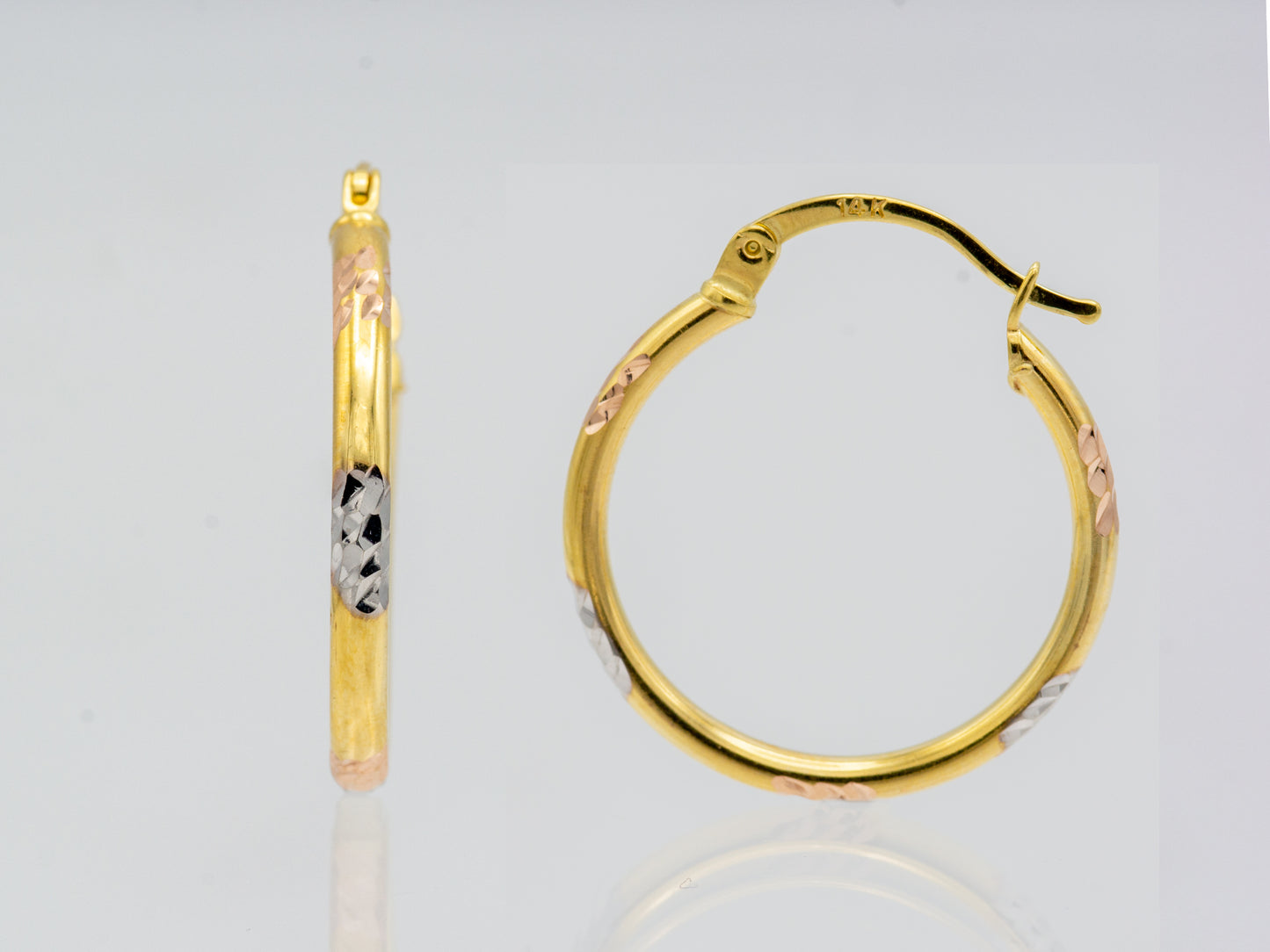 14K Solid Gold Round Diamond Cut Tri Color Fancy Hoop Earrings