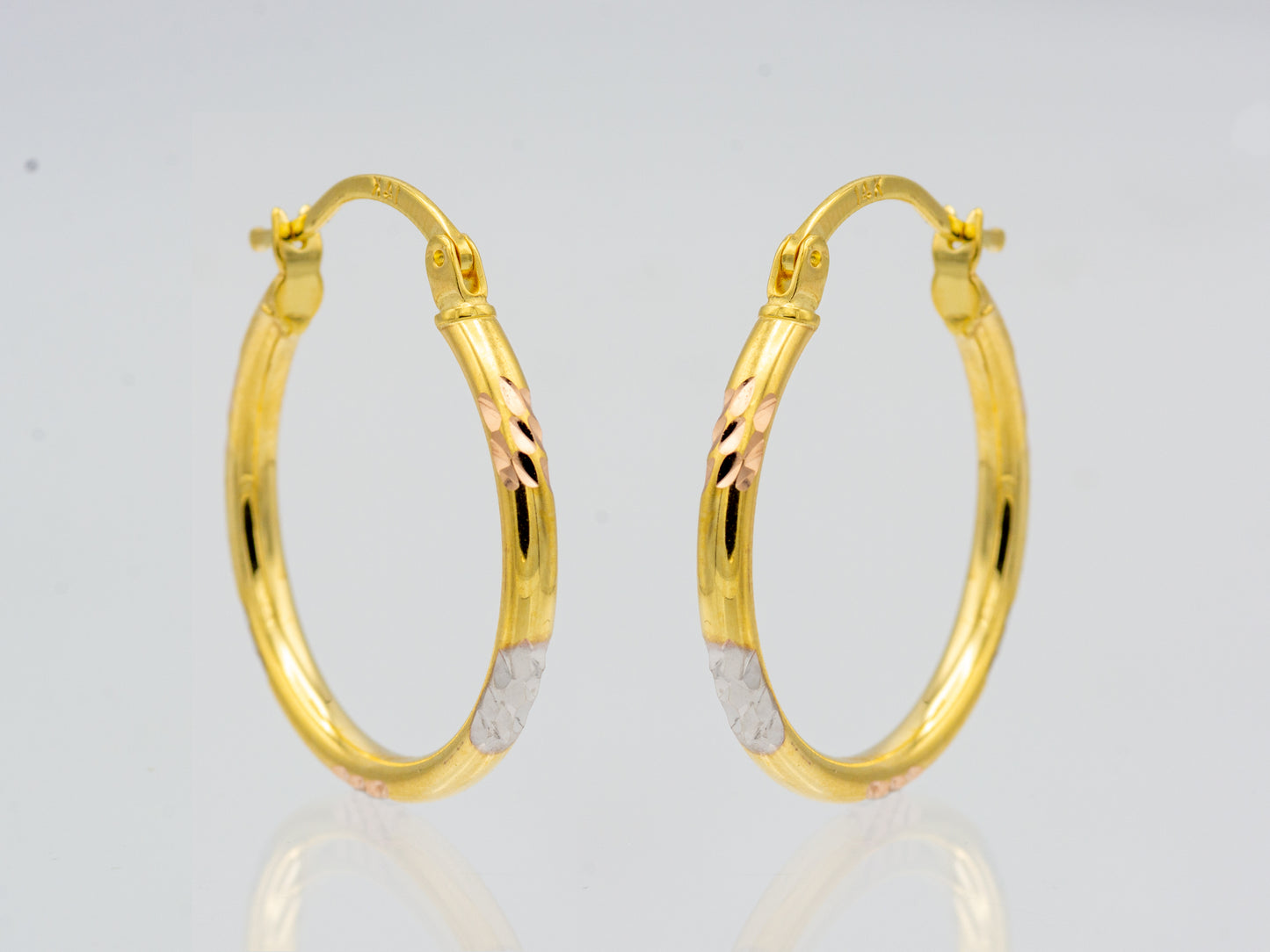 14K Solid Gold Round Diamond Cut Tri Color Fancy Hoop Earrings