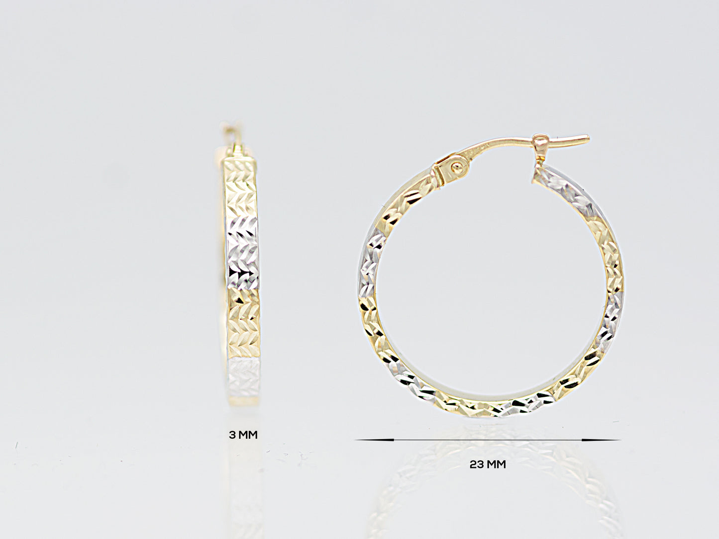 14K Solid Gold Two tone Color Diamond Cut Flat Hoop Earring