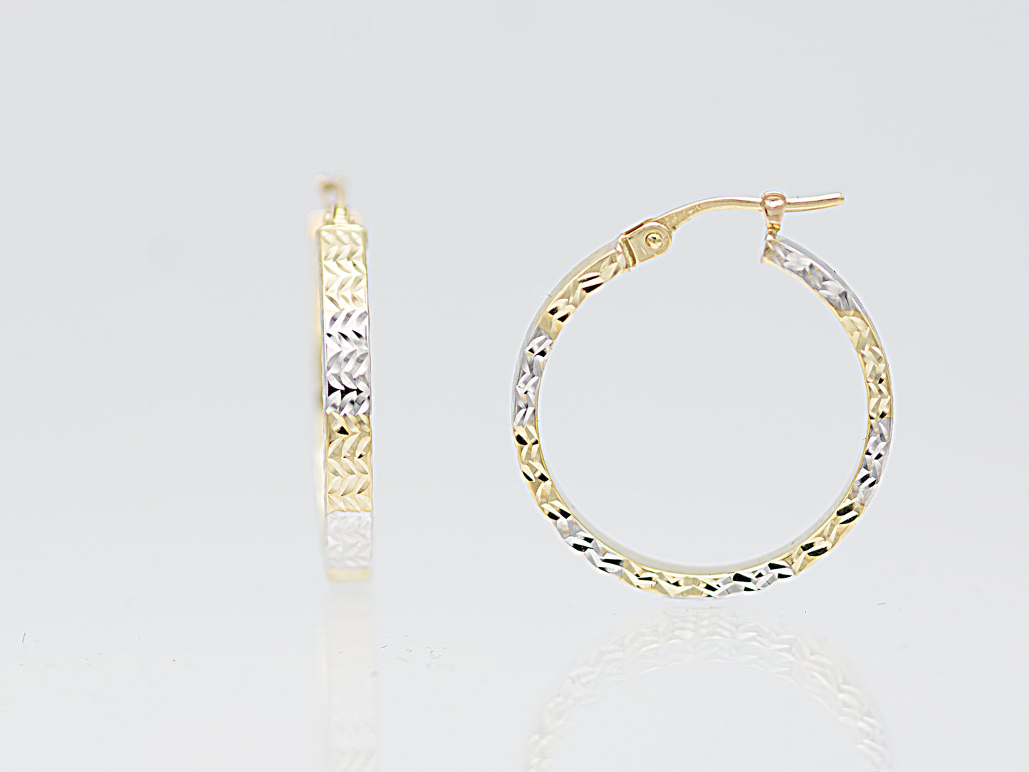 14K Solid Gold Two tone Color Diamond Cut Flat Hoop Earring
