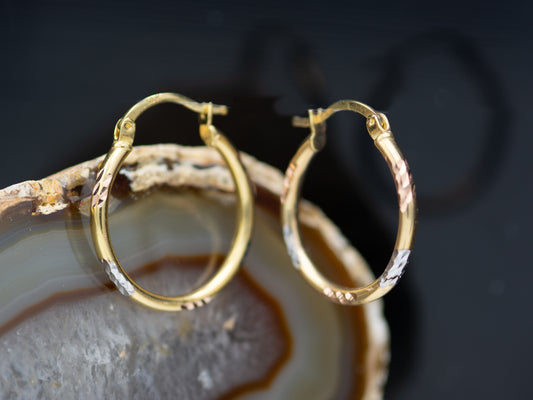 14K Solid Gold Round Diamond Cut Tri Color Fancy Hoop Earrings
