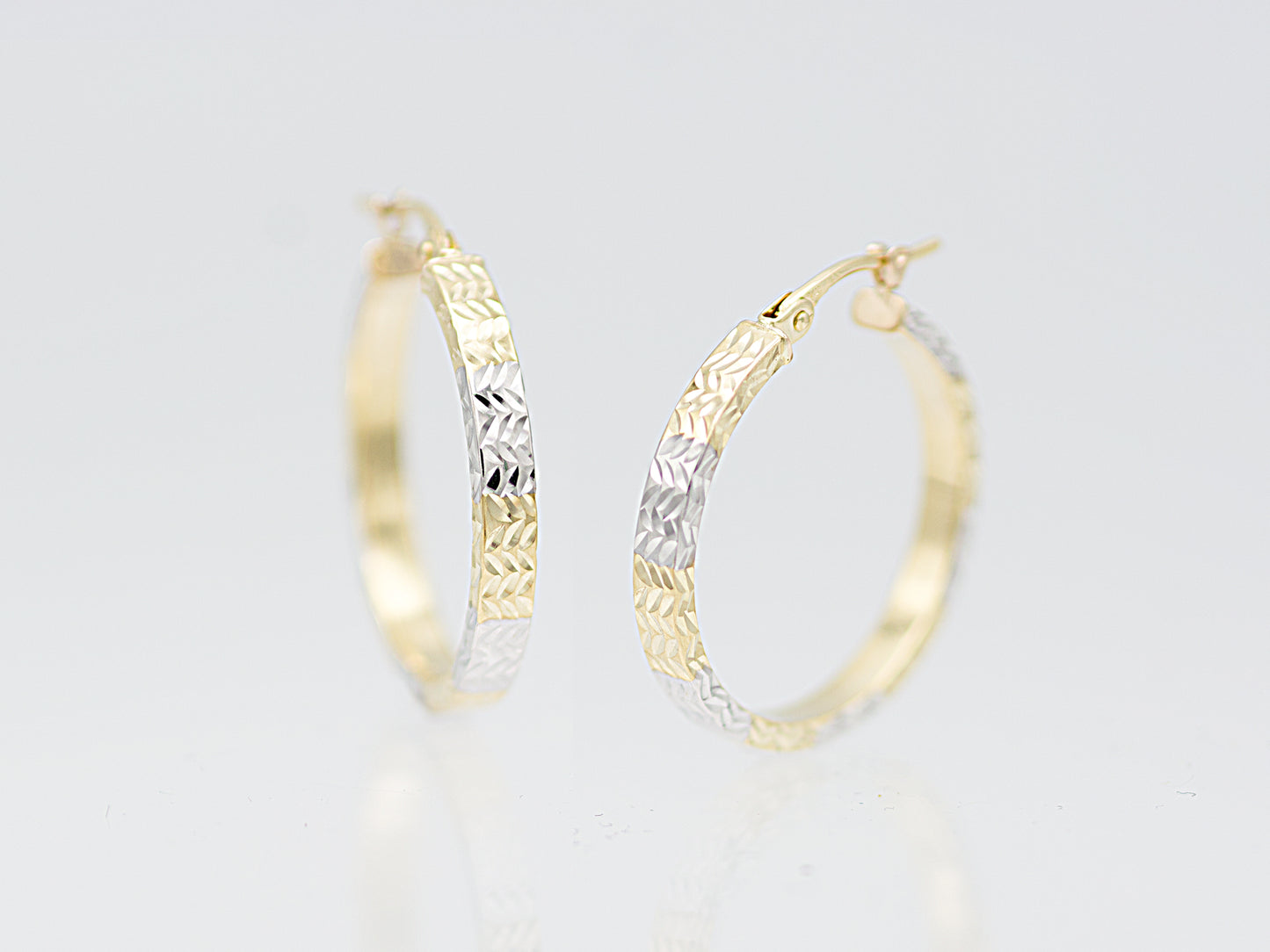 14K Solid Gold Two tone Color Diamond Cut Flat Hoop Earring