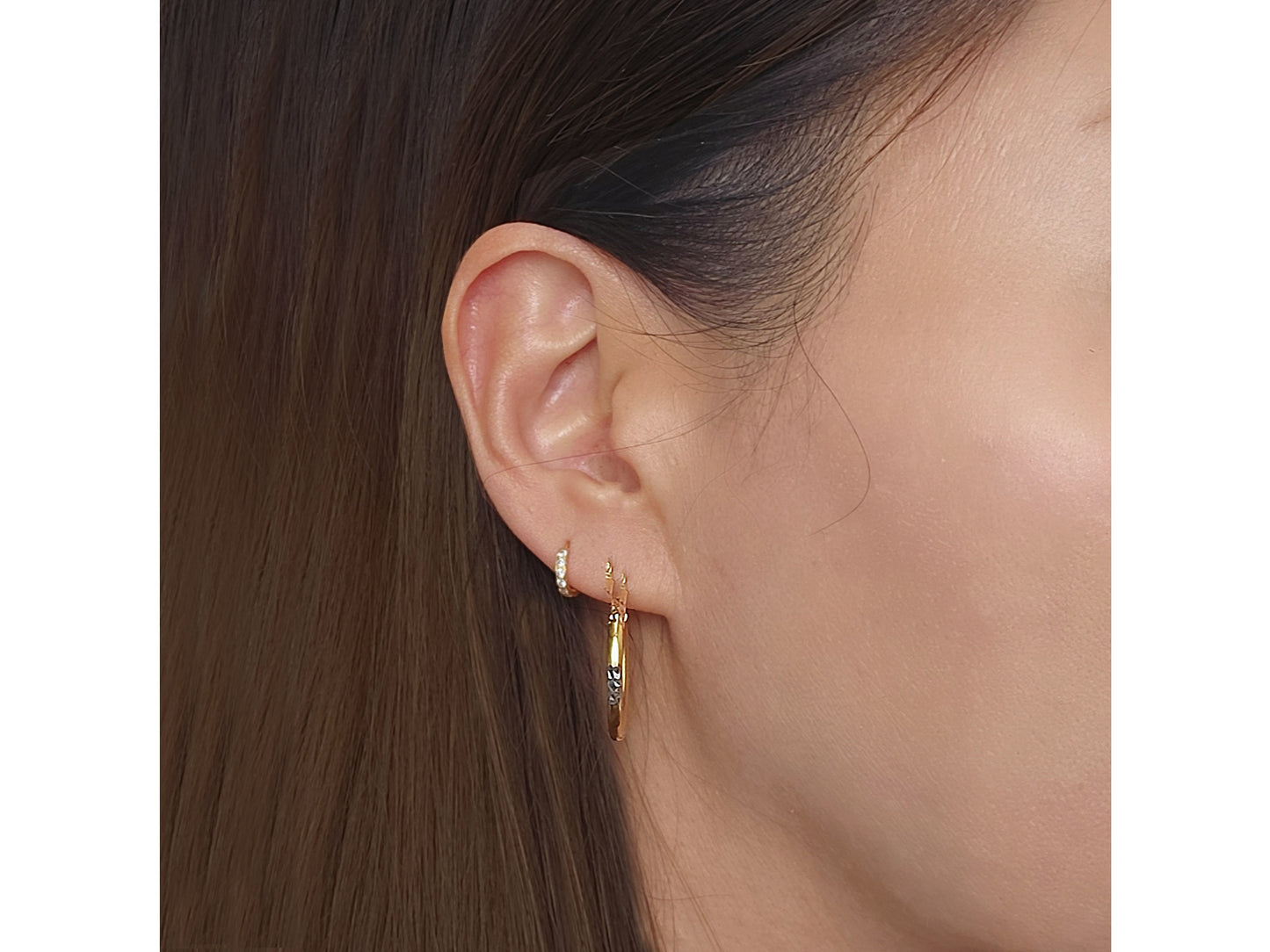 14K Solid Gold Round Diamond Cut Tri Color Fancy Hoop Earrings