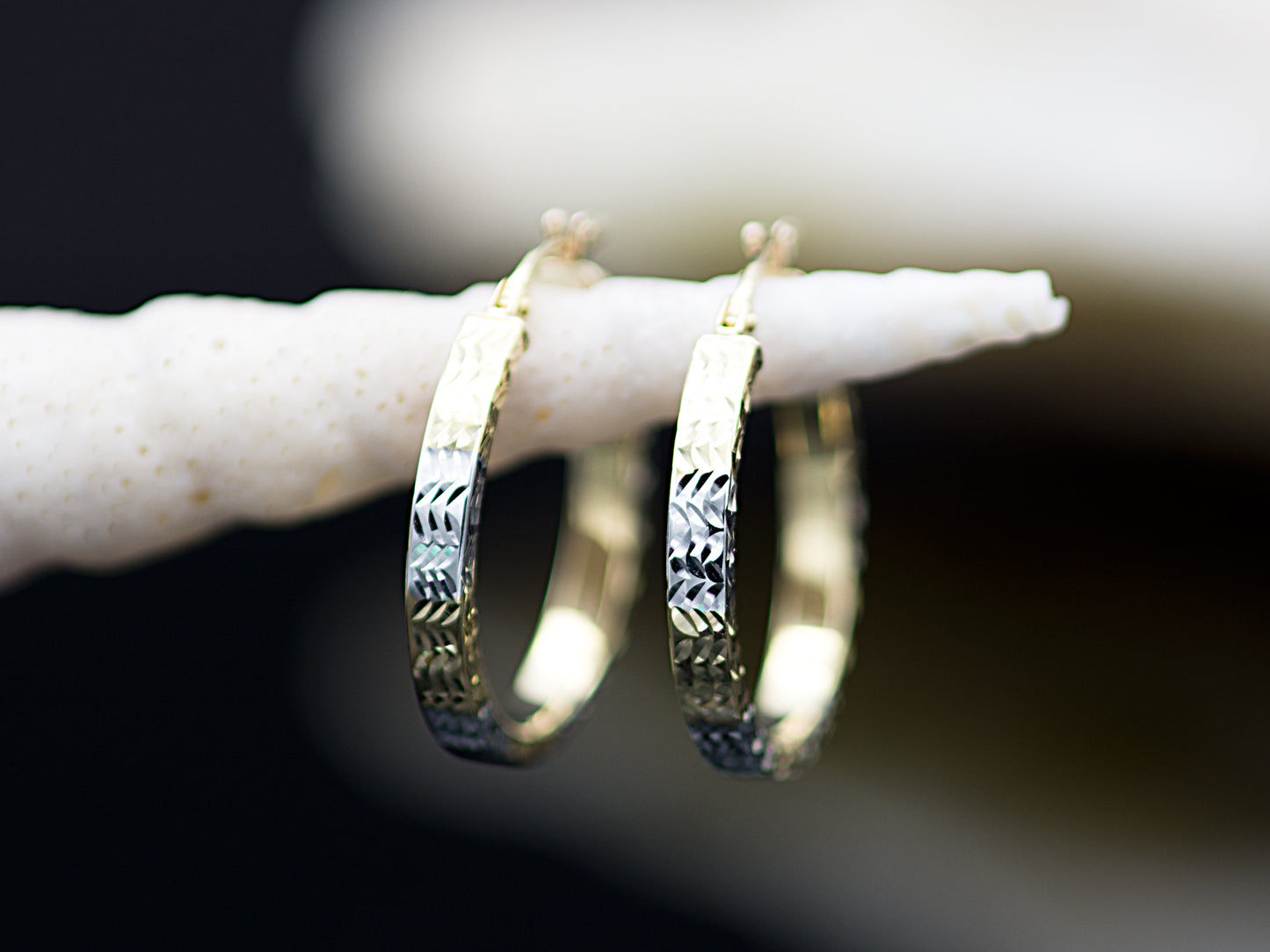 14K Solid Gold Two tone Color Diamond Cut Flat Hoop Earring