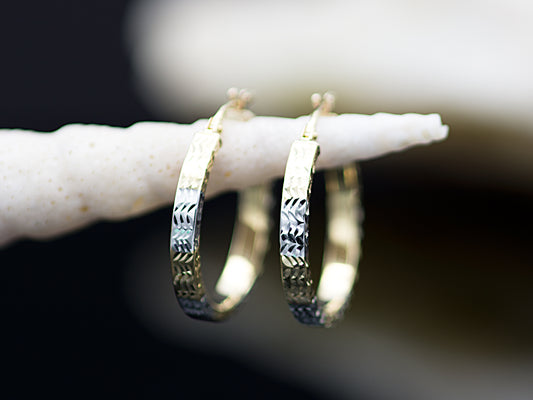 14K Solid Gold Two tone Color Diamond Cut Flat Hoop Earring