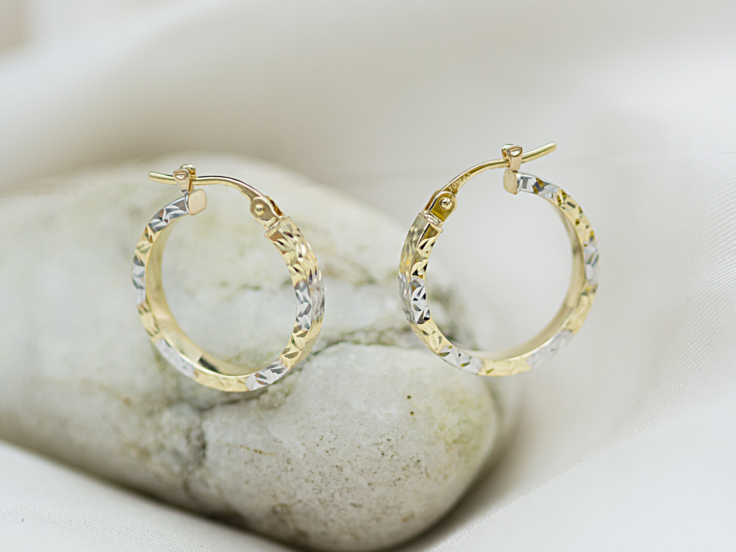 14K Solid Gold Two tone Color Diamond Cut Flat Hoop Earring