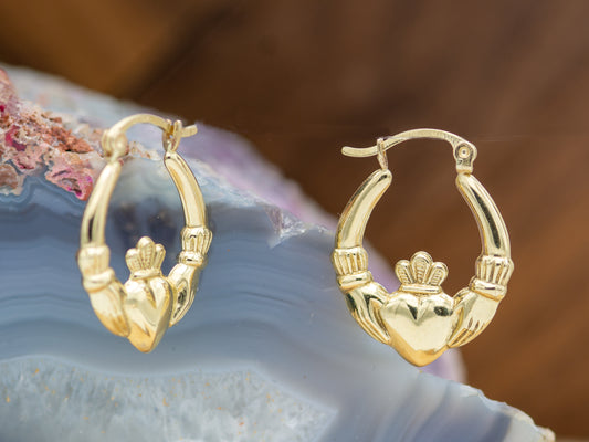 14K Solid Gold Claddagh Hoop Earrings