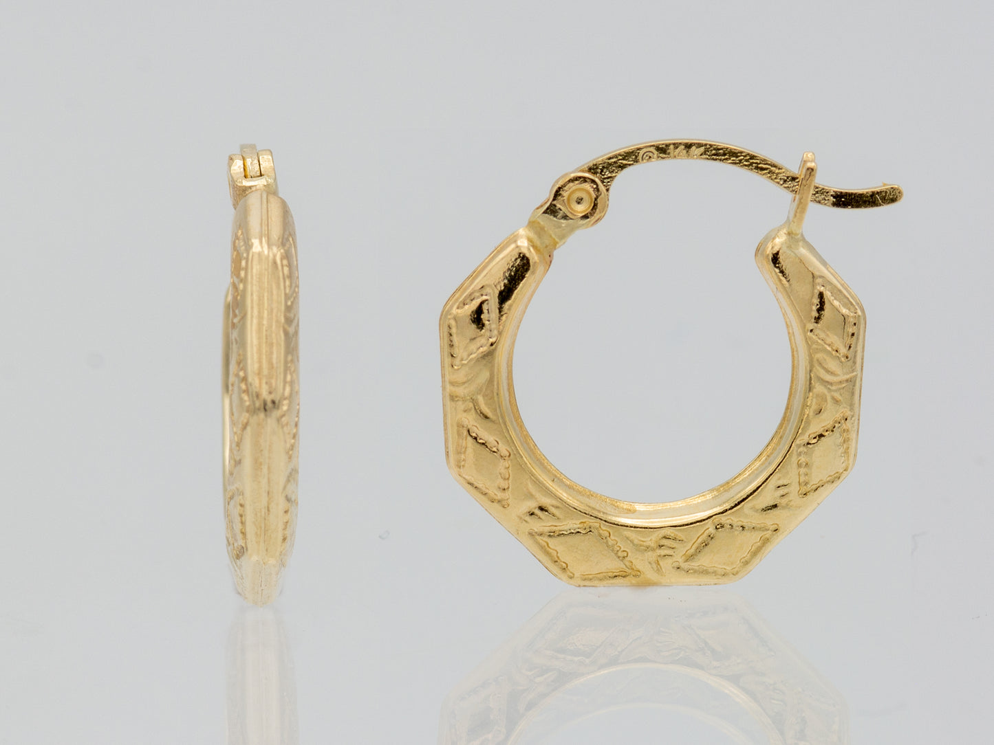 14K Solid Gold Geometric Engraved Patterned Hoop Earrings