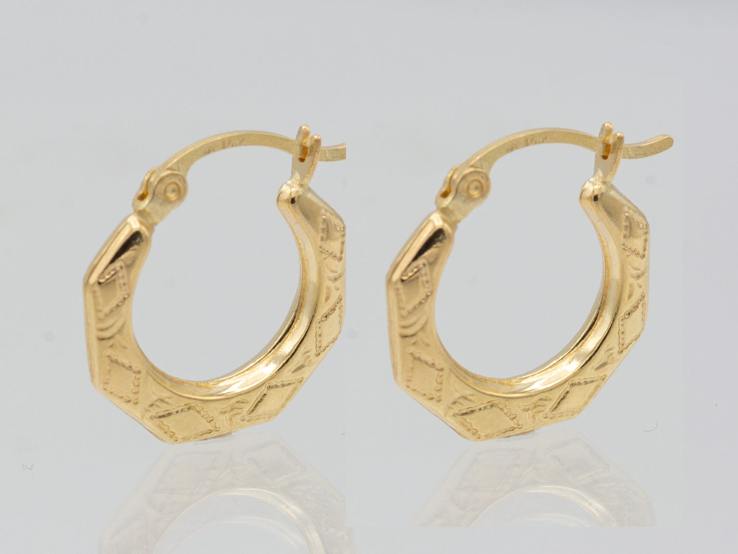 14K Solid Gold Geometric Engraved Patterned Hoop Earrings