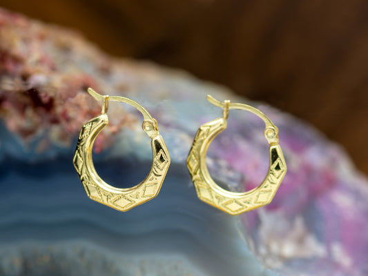 14K Solid Gold Geometric Engraved Patterned Hoop Earrings