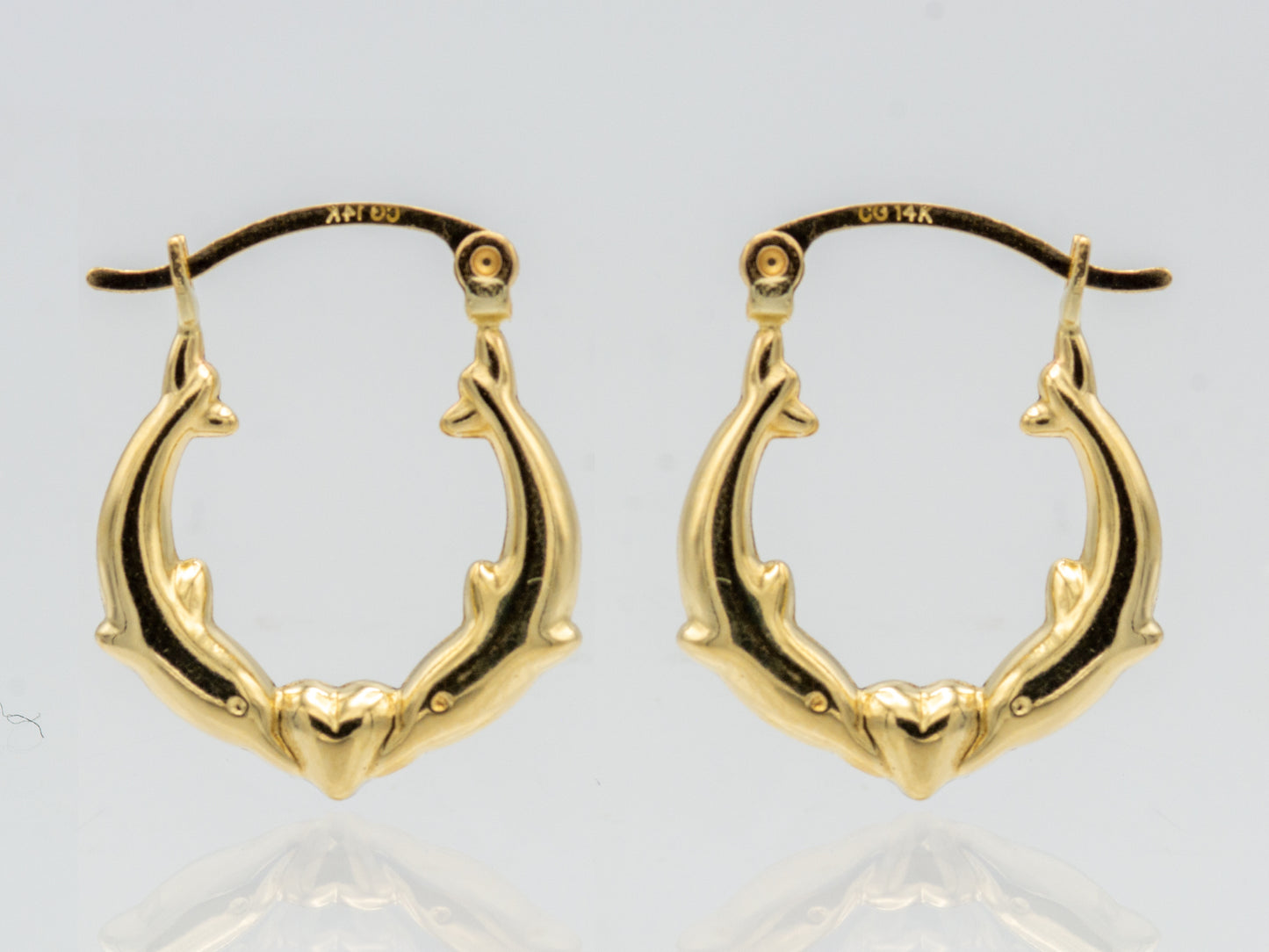 14K Solid Gold Dolphin Heart Hoop Earrings