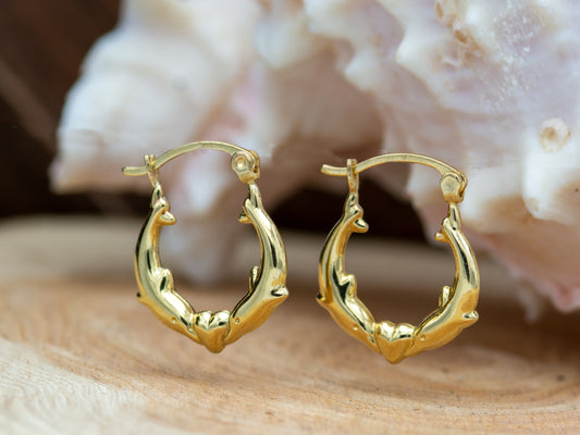 14K Solid Gold Dolphin Heart Hoop Earrings