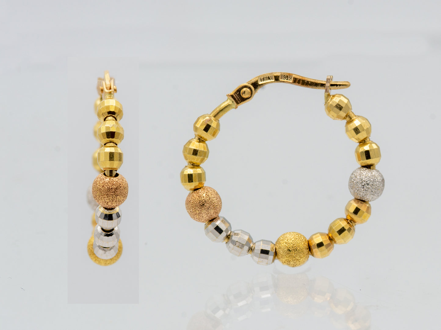 14K Solid Gold  Beaded Round  Hoop Earrings