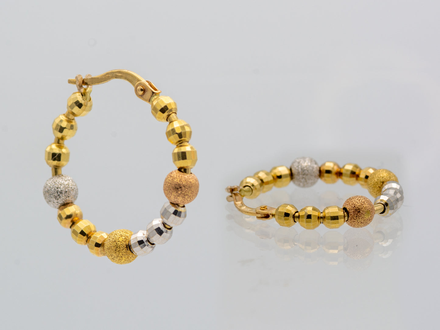 14K Solid Gold  Beaded Round  Hoop Earrings