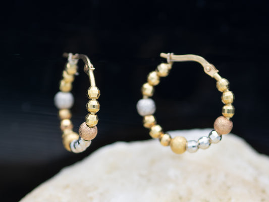 14K Solid Gold  Beaded Round  Hoop Earrings