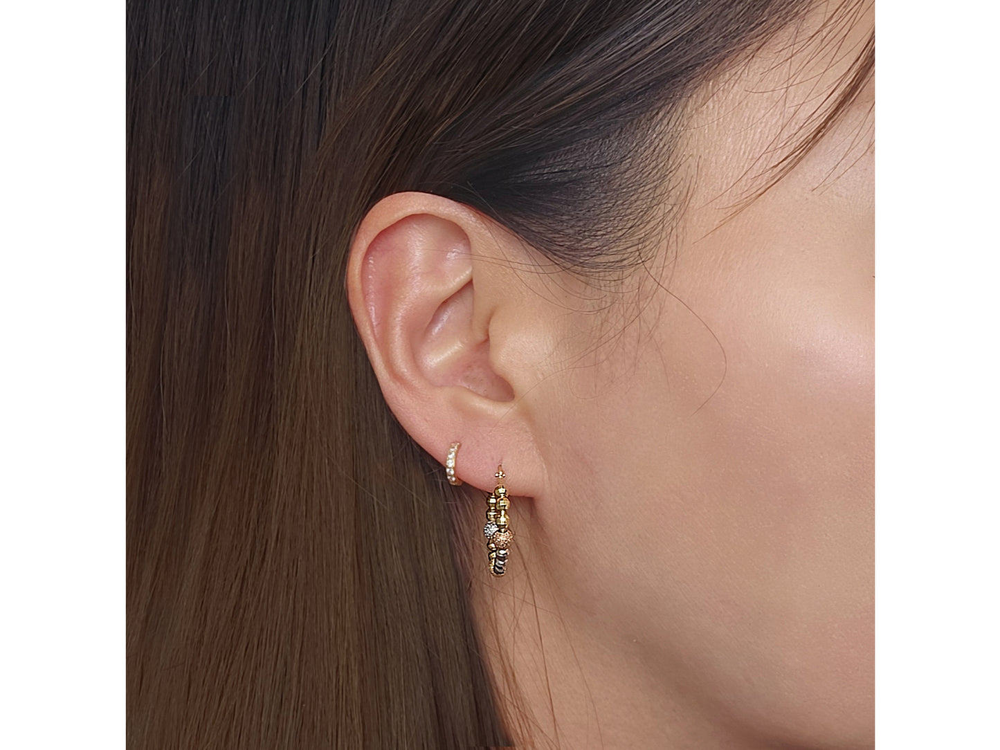 14K Solid Gold  Beaded Round  Hoop Earrings