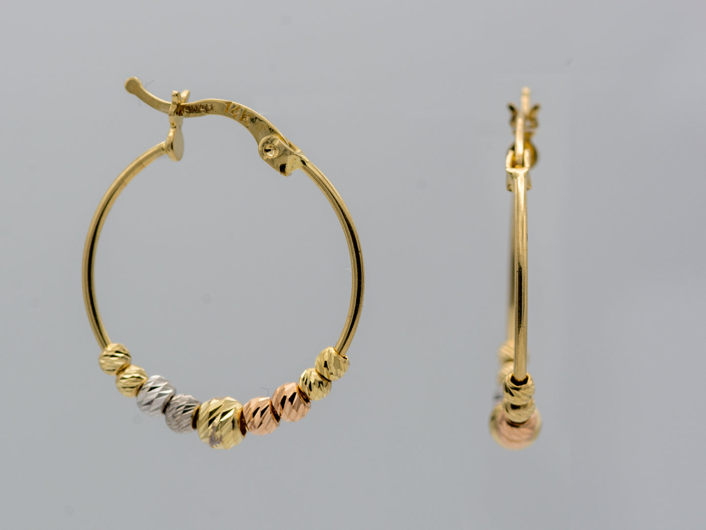 14K Solid Gold Tri color Multi Ball Beaded Round Hoop Earrings