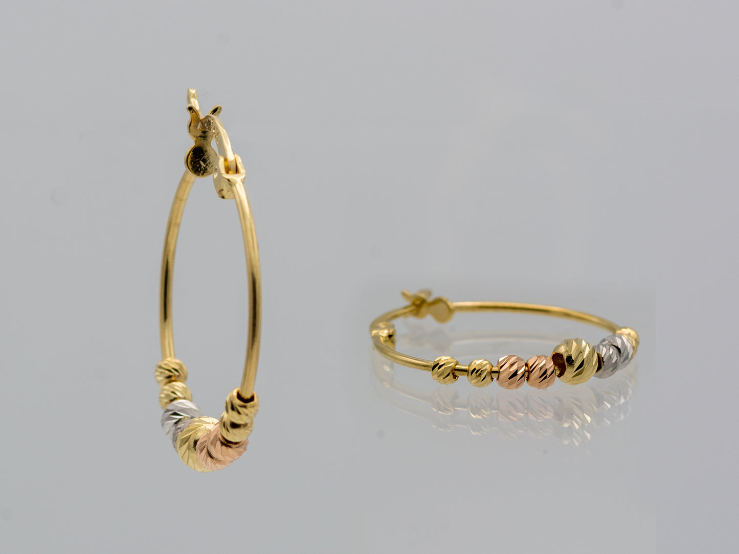 14K Solid Gold Tri color Multi Ball Beaded Round Hoop Earrings