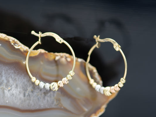 14K Solid Gold Tri color Multi Ball Beaded Round Hoop Earrings