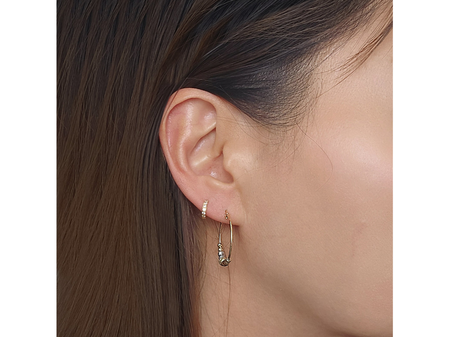 14K Solid Gold Tri color Multi Ball Beaded Round Hoop Earrings
