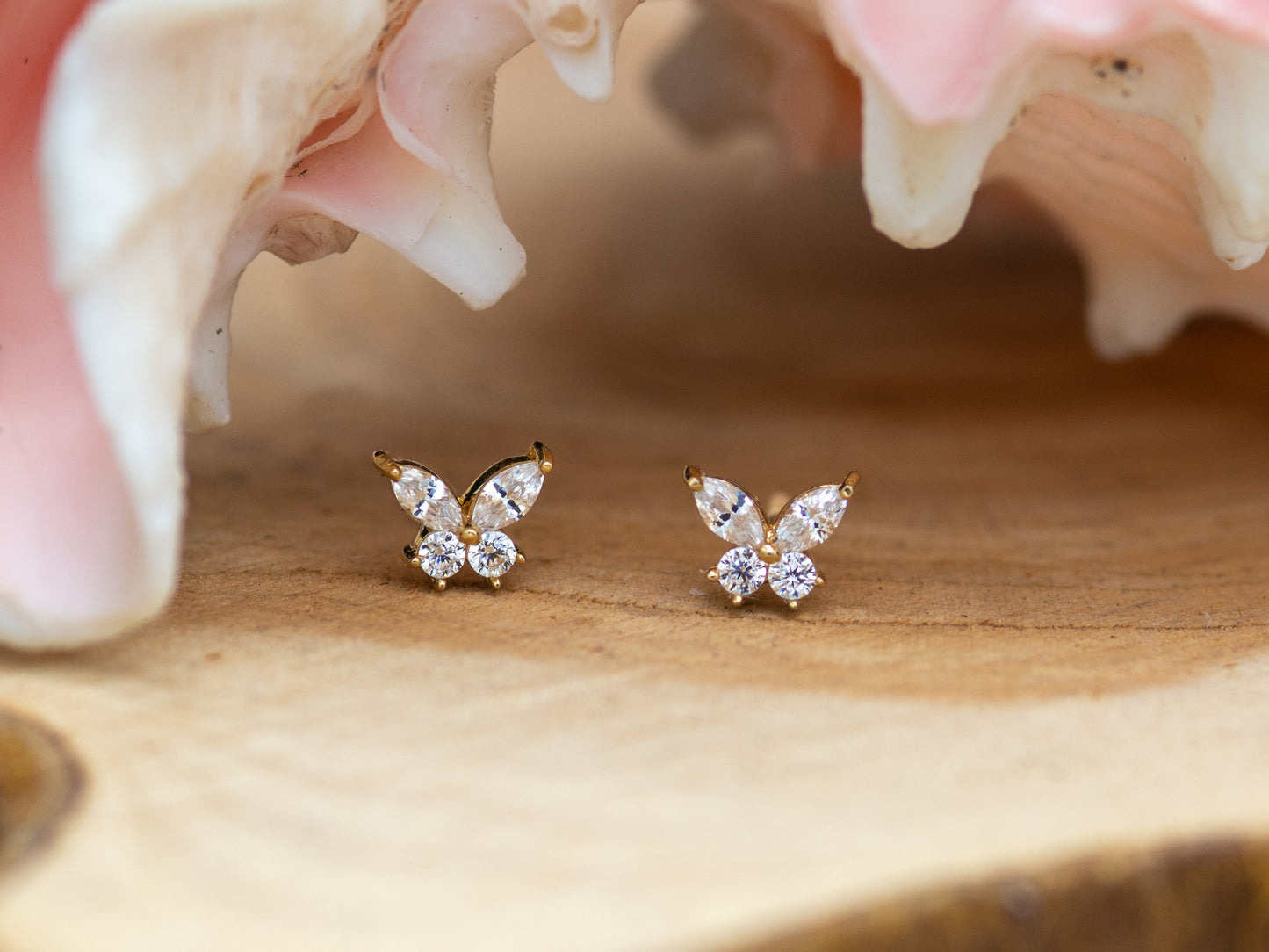 14k solid gold Tiny Butterfly CZ stud earrings