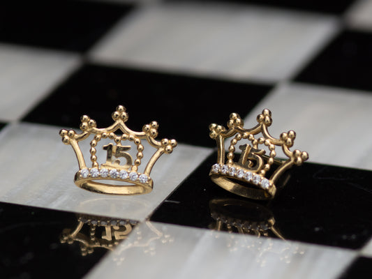 14k solid gold Años Sweet 15 Quinceanera Crown Queen stud earrings