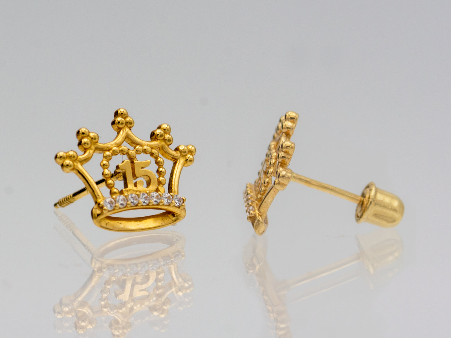 14k solid gold Años Sweet 15 Quinceanera Crown Queen stud earrings