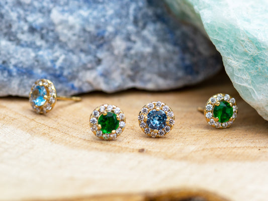14k Solid Gold Synthetic Emerald and Blue Topaz round Stud Earrings