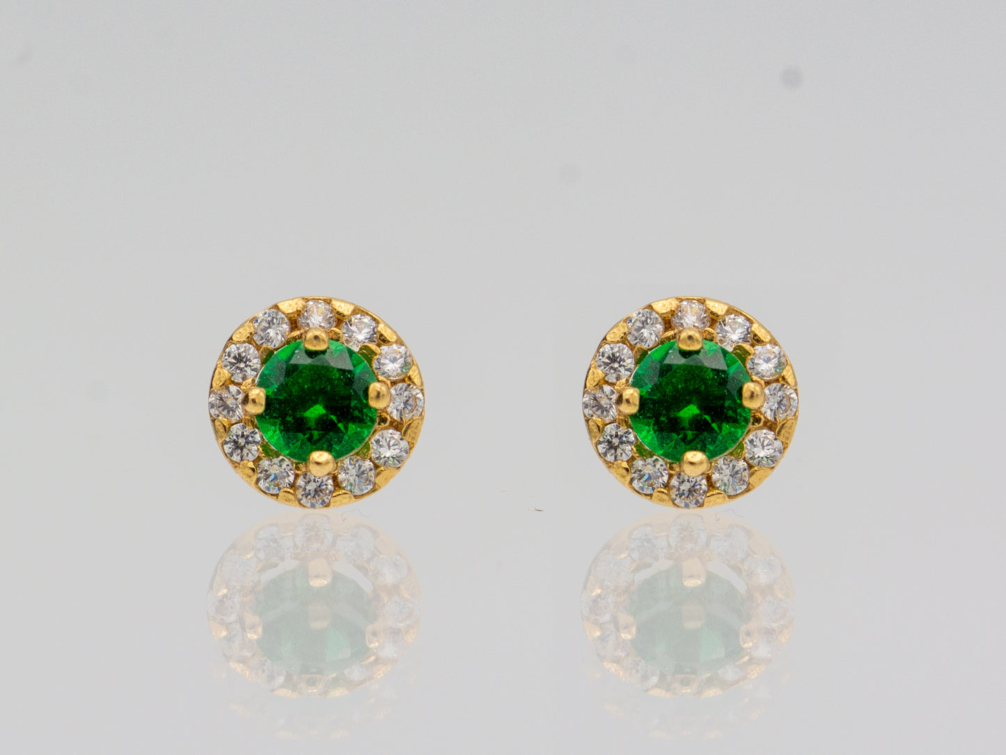 14k Solid Gold Synthetic Emerald and Blue Topaz round Stud Earrings