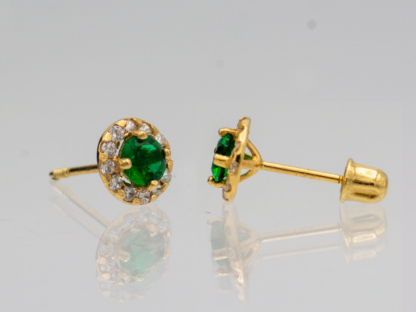 14k Solid Gold Synthetic Emerald and Blue Topaz round Stud Earrings