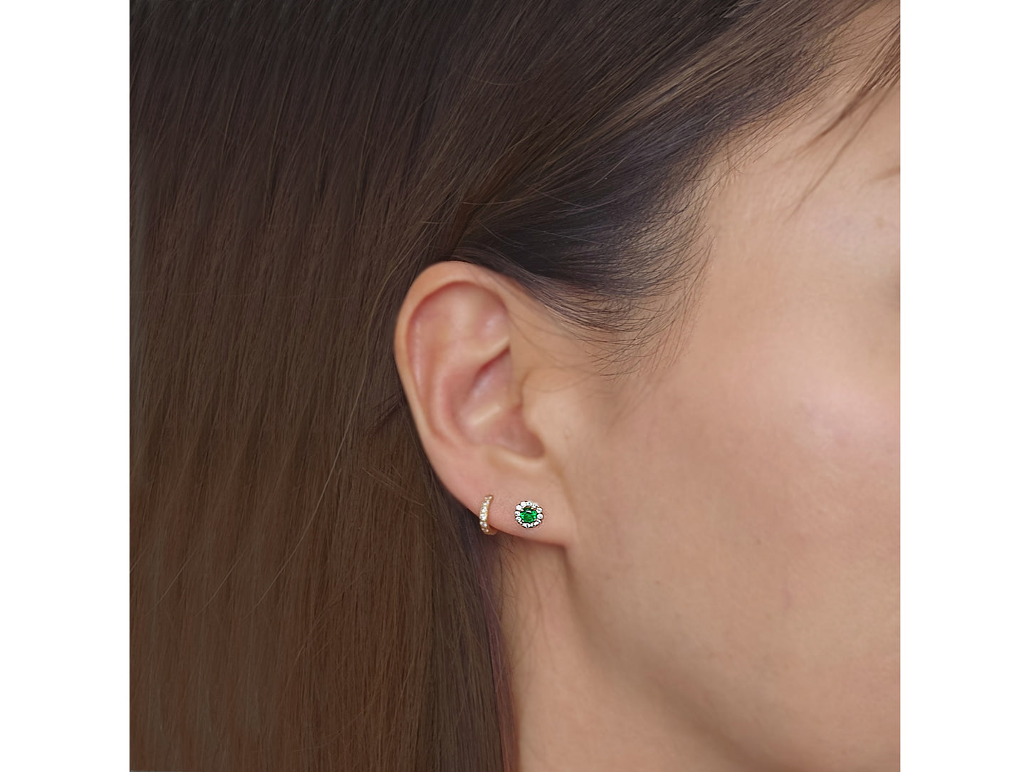 14k Solid Gold Synthetic Emerald and Blue Topaz round Stud Earrings