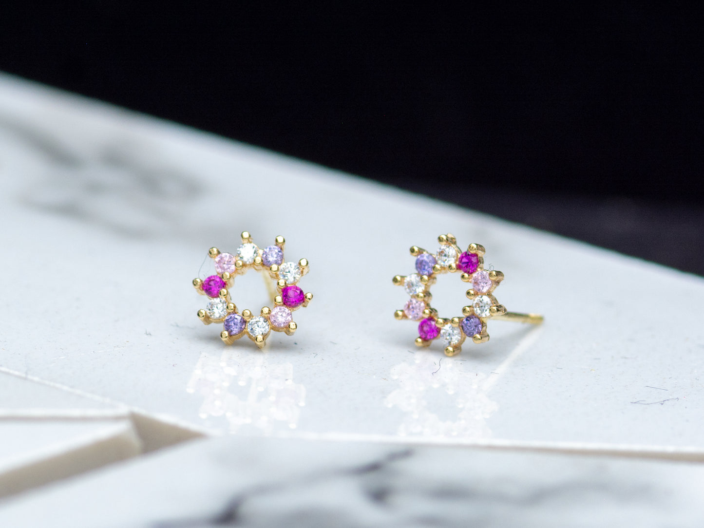 14k Solid Gold Simulated Diamond Open Circle Stud Earrings
