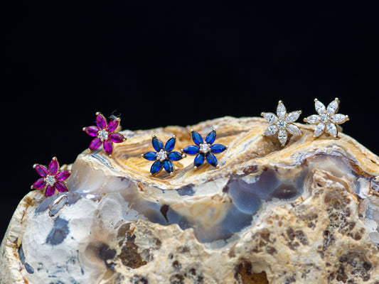 14K solid gold Floral Gemstone and Simulated Diamond Accent Stud Earrings